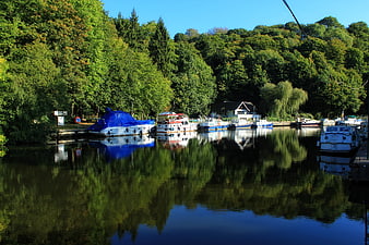 Boats docked on a calm river with lush green trees