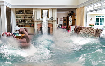 Surreal living room flooded with crashing ocean waves