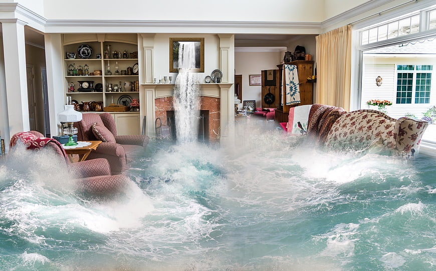 Surreal living room flooded with crashing ocean waves