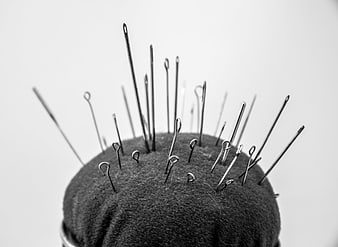 Close-up of sewing needles in a felt pincushion