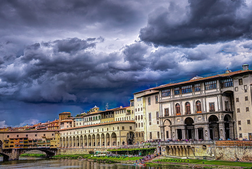 Dramatic Storm Clouds Over Ponte Vecchio and Uffizi Gallery in Florence