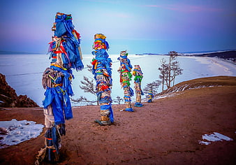 Shamanic Prayer Poles on Frozen Lake Baikal in Siberia