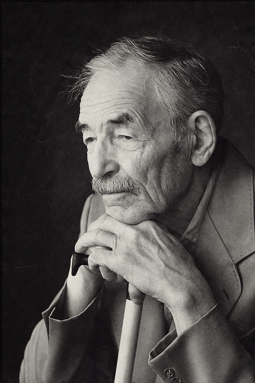 Black and white portrait of elderly man with cane
