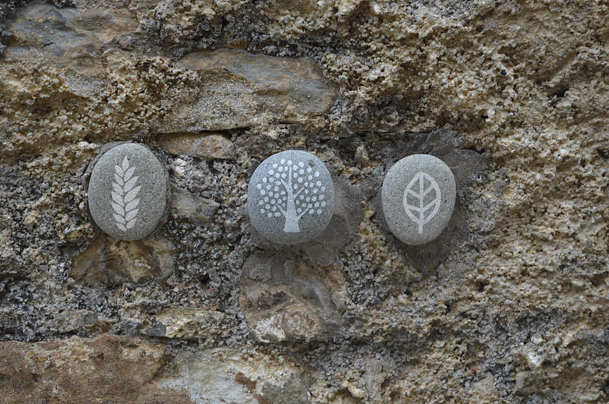 Three painted stones with nature symbols on a textured rock wall