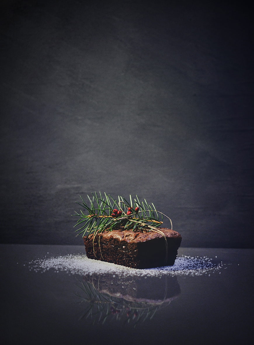 Dark chocolate brownie with pine sprig and red berries on reflective surface