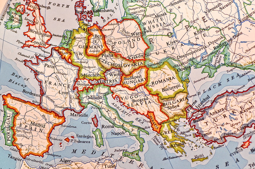 Vintage Political Map of Europe with Country Borders and Cities