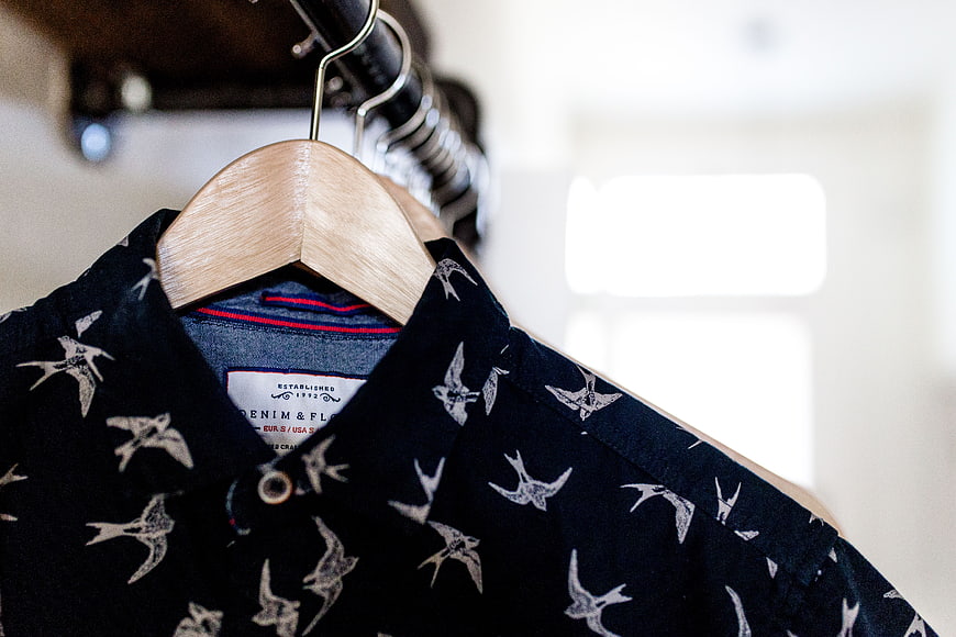 Blue Bird Pattern Shirt on Wooden Hanger