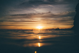 Serene Sunset Over Ocean with Golden Reflections and Silhouette