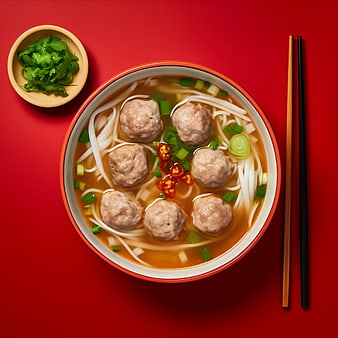Top View of Asian Meatball Noodle Soup with Chopsticks