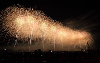 Spectacular Golden Fireworks Display Over Night Sky