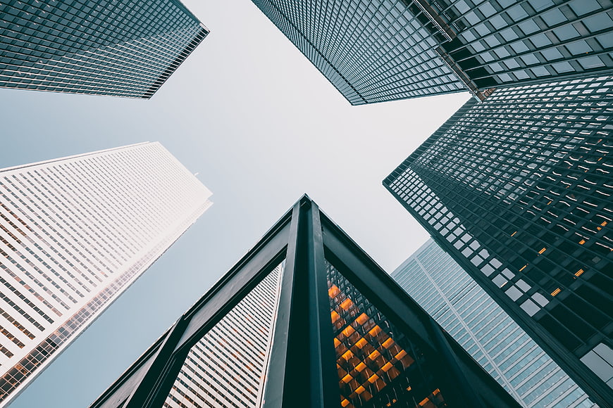 Low angle view of modern skyscrapers and city architecture