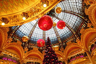 Christmas Tree and Ornaments in Gallery Lafayette Dome, Paris