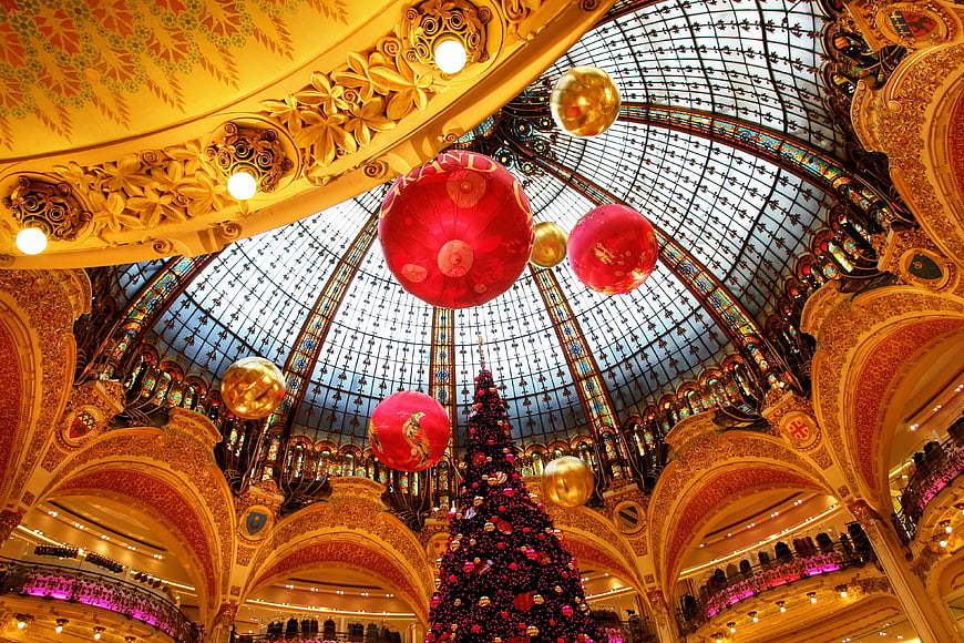 Christmas Tree and Ornaments in Gallery Lafayette Dome, Paris