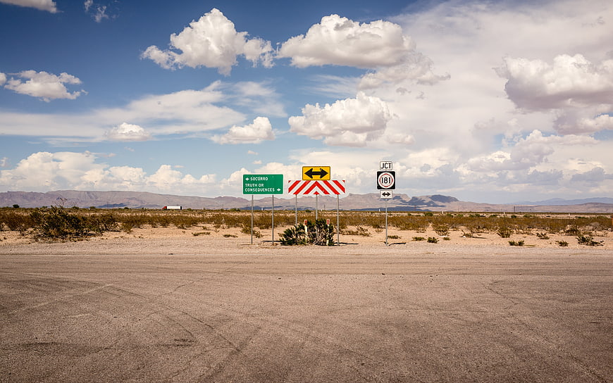 Desert Road Signs for Socorro and Truth or Consequences