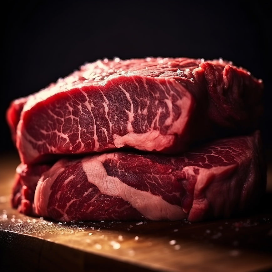 Close-up of raw marbled beef steaks with salt on wood