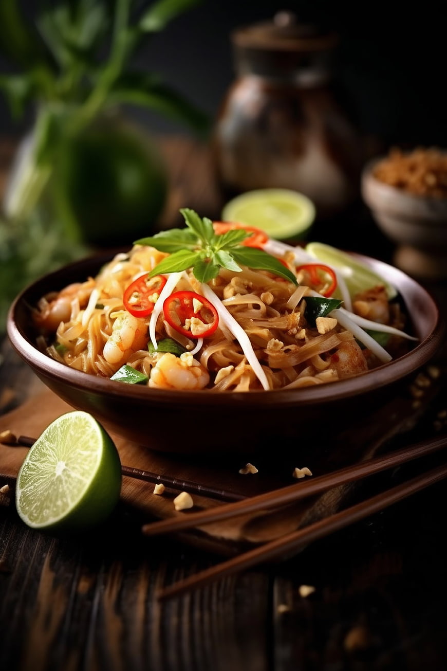 Delicious Pad Thai with Shrimp and Lime in Wooden Bowl