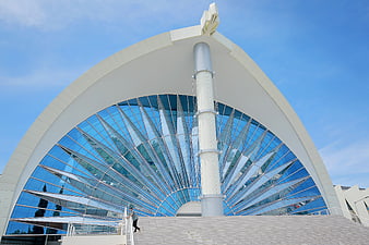Modern White Mosque with Blue Glass Dome and Minaret