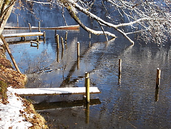 Snowy wooden docks on a calm winter lake with reflections