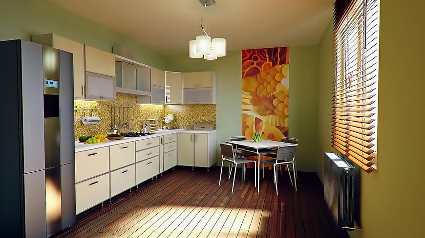 Modern kitchen interior with wooden floor and dining area