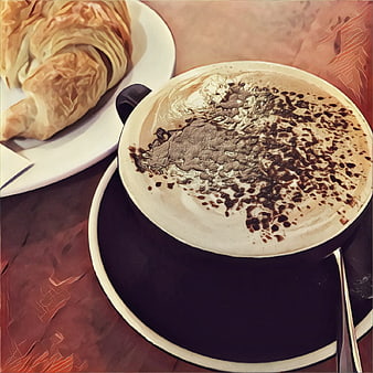 Artistic painting style cappuccino and croissant on wooden table