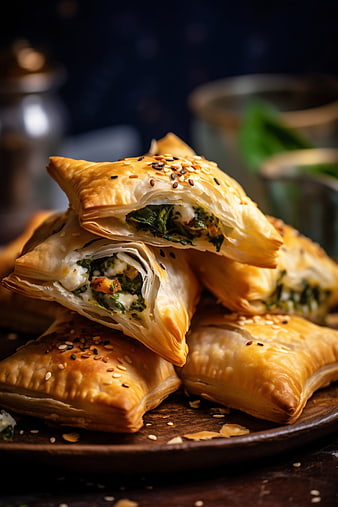 Golden spinach and cheese stuffed pastries with sesame seeds