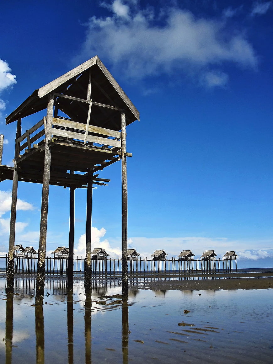 Traditional wooden stilt houses on a beach at low tide