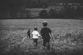 Three young boys running hand in hand through a grassy field