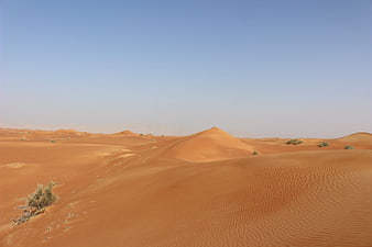 Vast orange sand dunes under clear blue sky
