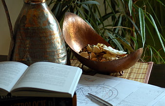 Astrology Book, Copper Vessel, and Dried Flowers Still Life