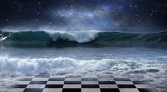Surreal Chessboard on Ocean Shore Under Starry Night Sky