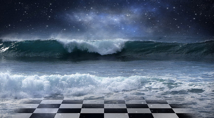 Surreal Chessboard on Ocean Shore Under Starry Night Sky