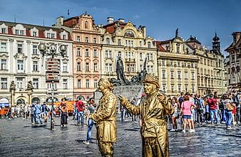 Golden Living Statues Performing in Prague Old Town Square