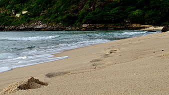 Footprints in sand on tropical beach with ocean waves