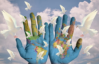 Hands with World Map and Flying White Doves Symbolizing Peace