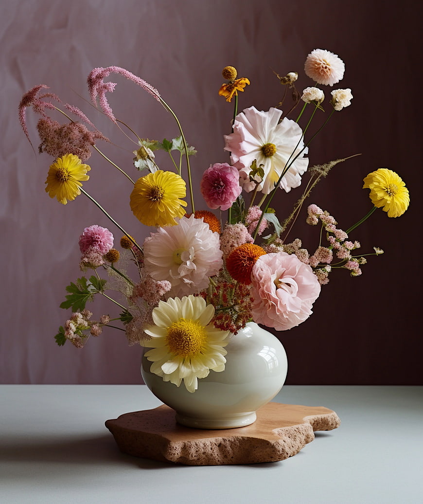 Colorful Floral Arrangement in White Ceramic Vase