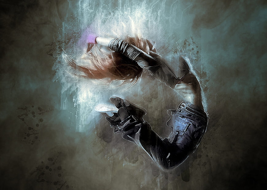 Artistic digital illustration of a female breakdancer in mid-air