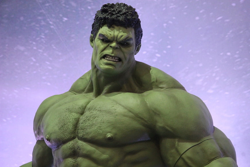 Close-up of muscular green Hulk action figure with angry expression