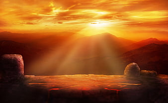 Mystical Fantasy Mountain Altar With Dramatic Golden Sunrise Sunbeams