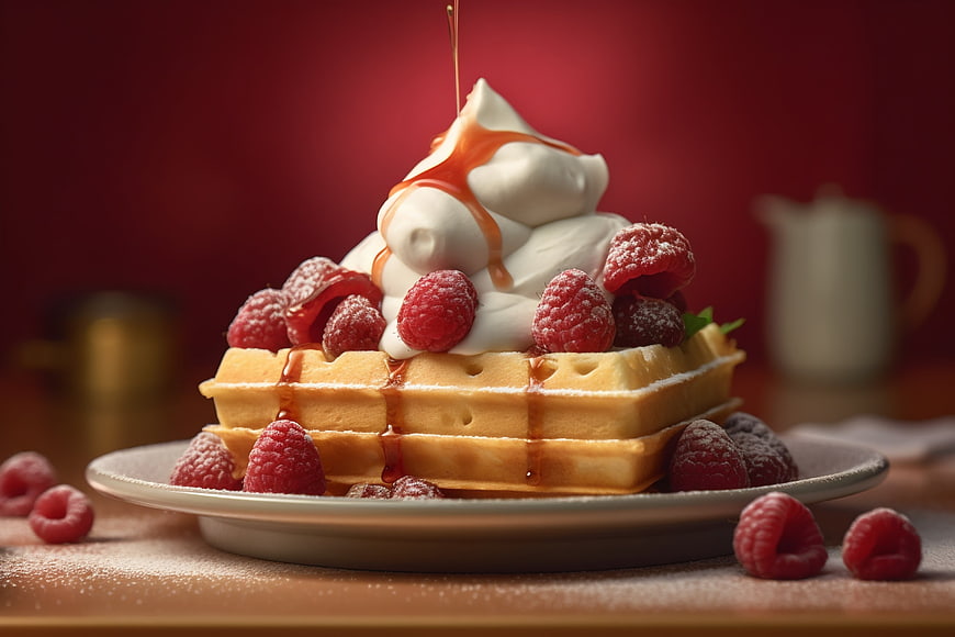 Stacked Waffles with Raspberries and Whipped Cream