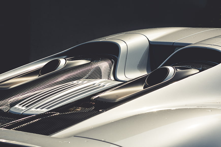 Close-up of silver sports car carbon fiber engine vents