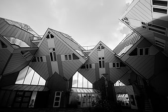 Black and white low angle view of Cube Houses Rotterdam