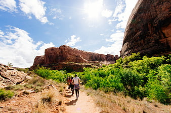 Hikers walking on trail through red rock canyon landscape