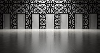 Conceptual Row of Closed Doors in Dark Ornate Interior