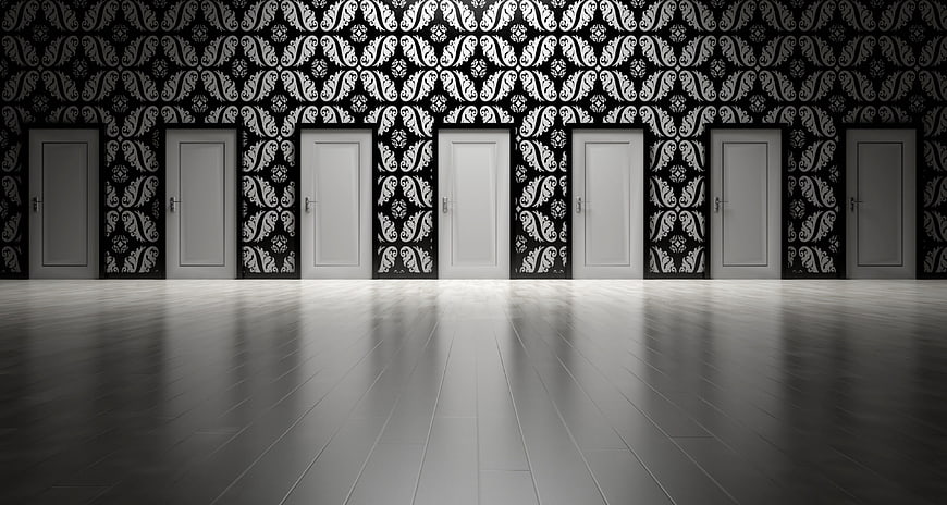 Conceptual Row of Closed Doors in Dark Ornate Interior