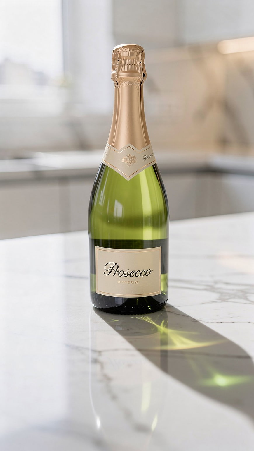 Elegant Prosecco Bottle on White Marble Countertop
