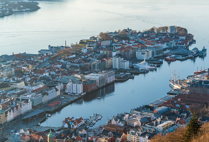 Aerial View of Bergen, Norway Harbor and Cityscape