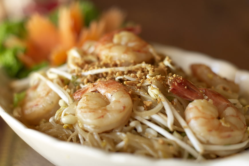 Close-up of Pad Thai with Shrimp and Bean Sprouts