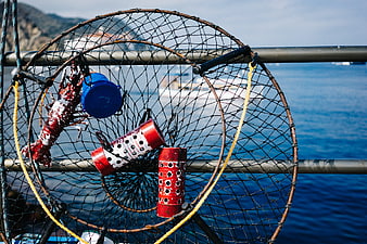 Fishing net with lobster and buoys on boat railing