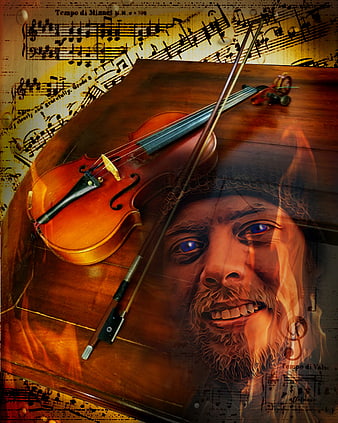 Violin and bow on wooden surface with musical notes background