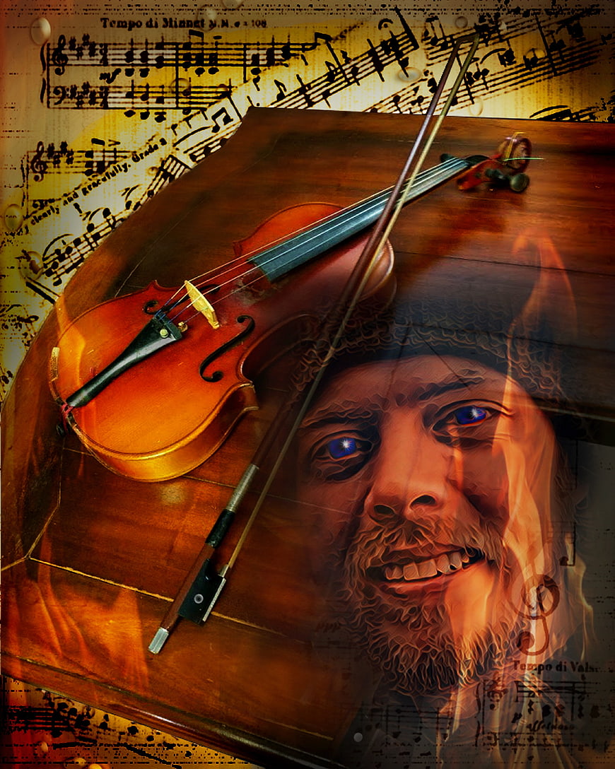 Violin and bow on wooden surface with musical notes background